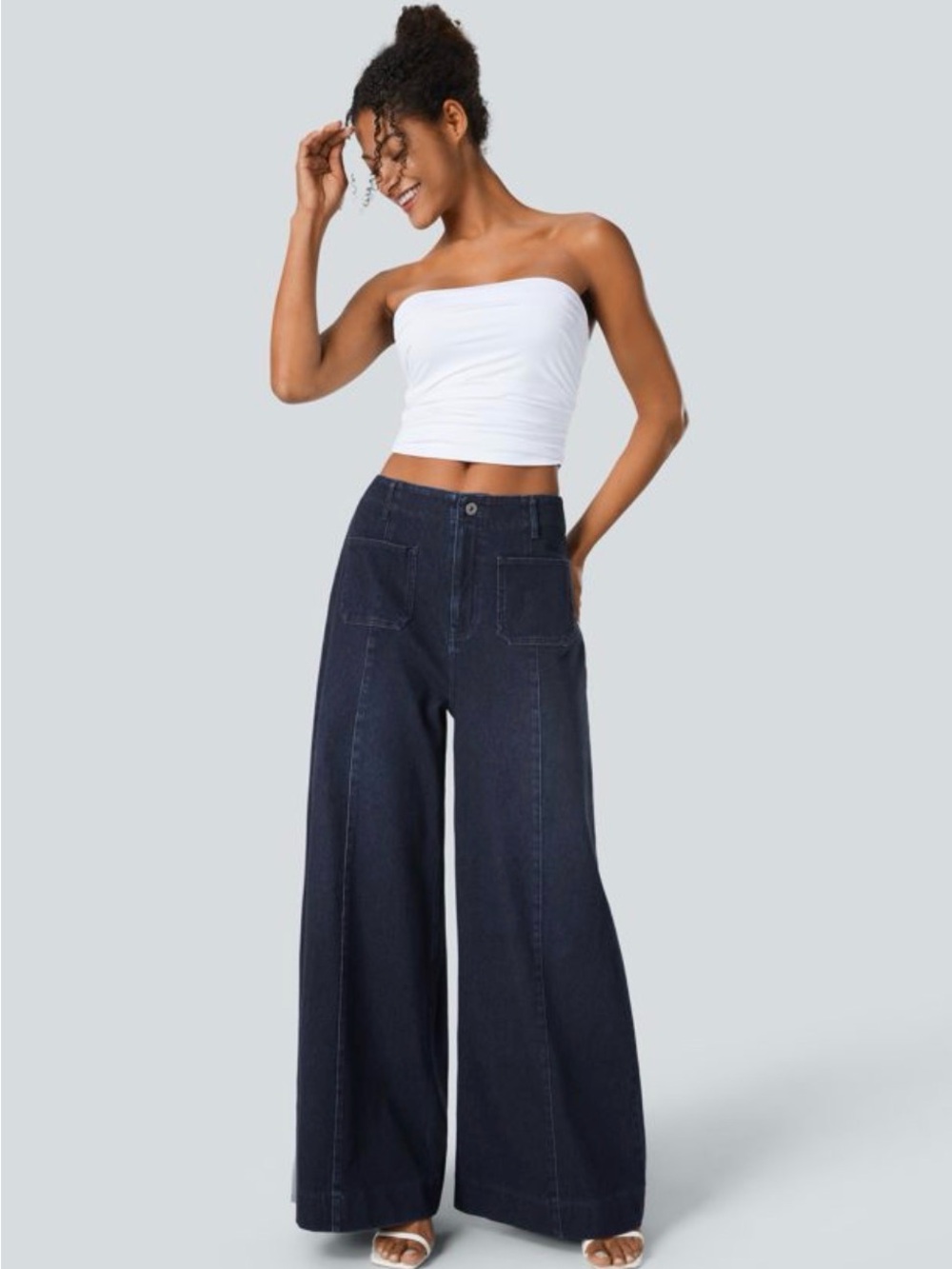 Halara Flex™ High Waisted Pockets Wide Leg Jeans Deep Blue Water Sz L Tall